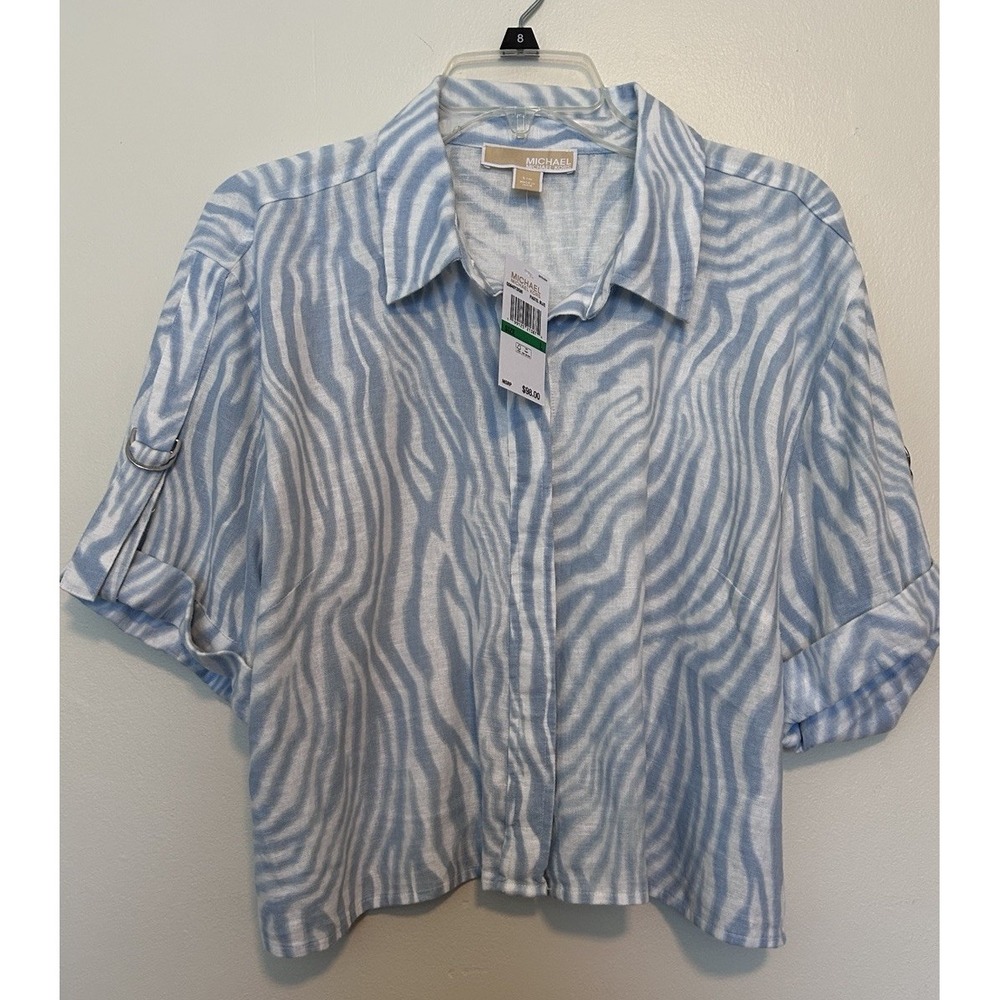 MICHAEL Michael Kors Zebra STRIPE Button-Down Shirt Size L, Blue And white